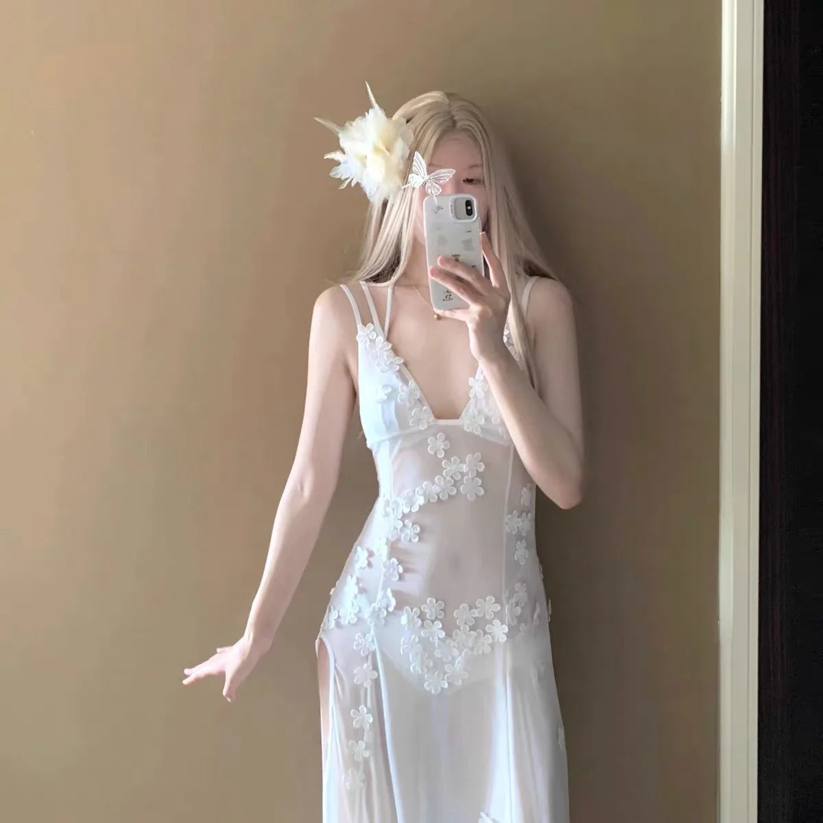 3D Flowers See Through Mesh Split Bodycon Maxi Party Dress Women Sexy V-neck Spaghetti Straps Backless Holiday Bikini Cover Ups