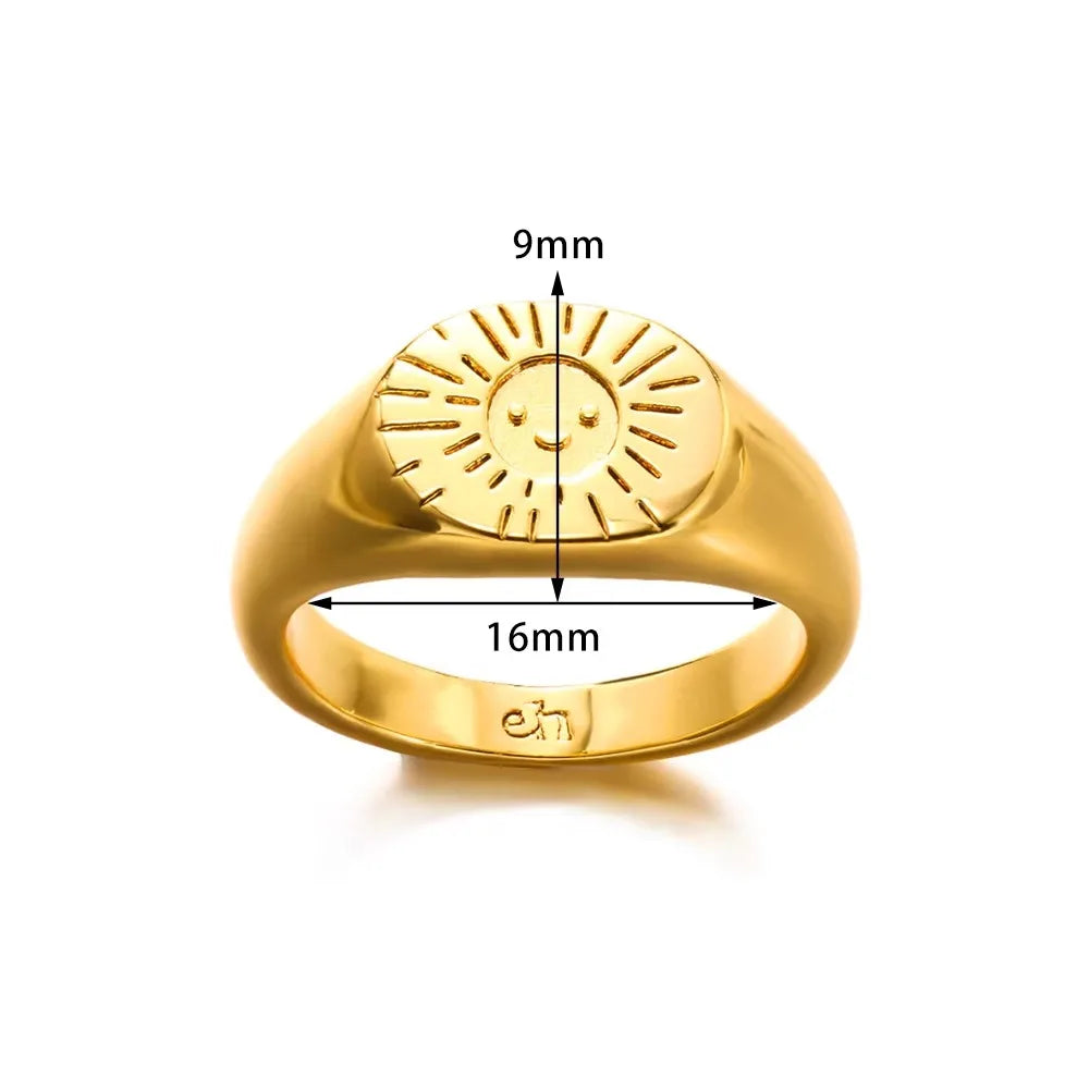 Stainless Steel Sun Smile Rings Gold Color Finger Rings For Women Classic Fashion Couple Christmas Jewelry Best Friend Gift