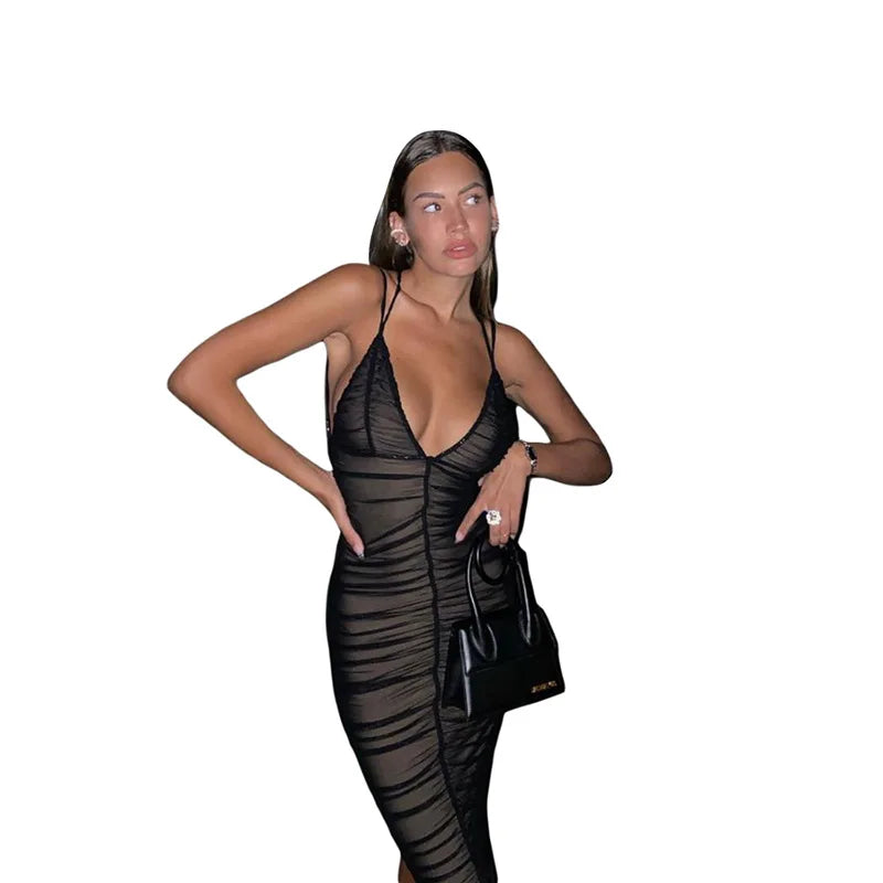 2023 Mesh Patchwork V Neck Backless Slips Draped Sexy Bodycon Midi Dress Summer Women Y2K Beach Rave Party Clothes