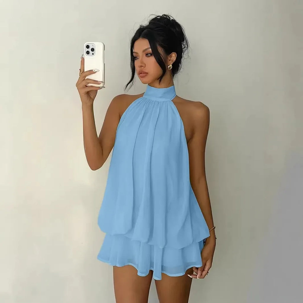 Women's Sleeveless Backless A-Line Mini Dress – Elegant Halter Party Dress