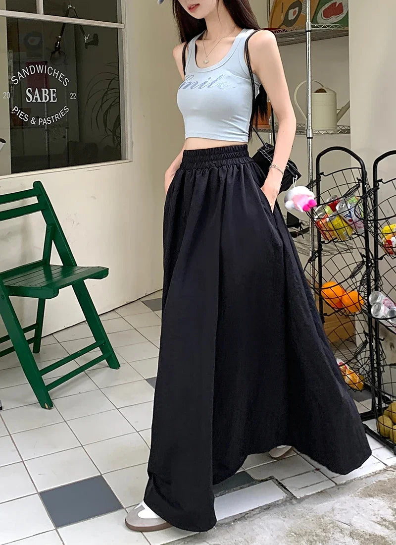 Chic Women Pockets A-Line Long Skirts Ladies Casual Loose Elastic High Waist Midi Skirt 2024 Spring Summer