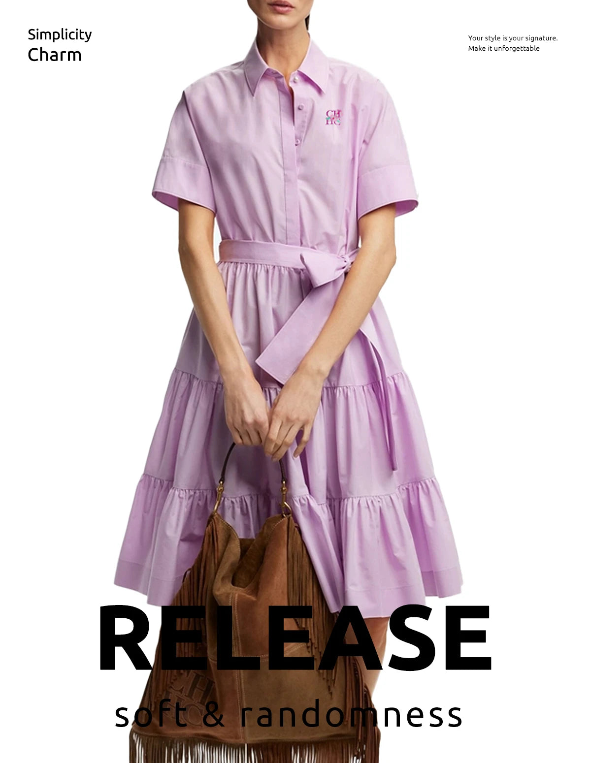 CHCH 2025 Women Dress Summer Office Lady Elegant Long Sleeve Solid Color Shirt Sundress Casual Loose Buttons Lace Up Dress
