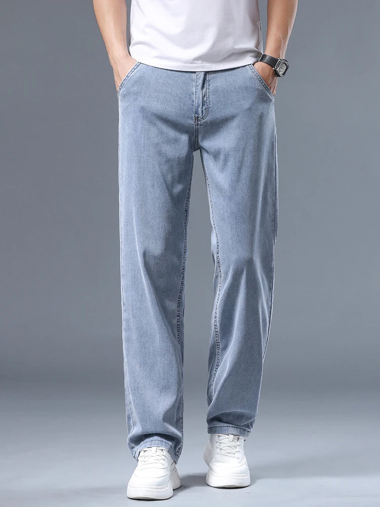 Summer Ultra-thin Men's Jeans Lyocell Soft Breathable Loose Straight Light Blue Denim Pants Business Casual Ice Silk Trousers