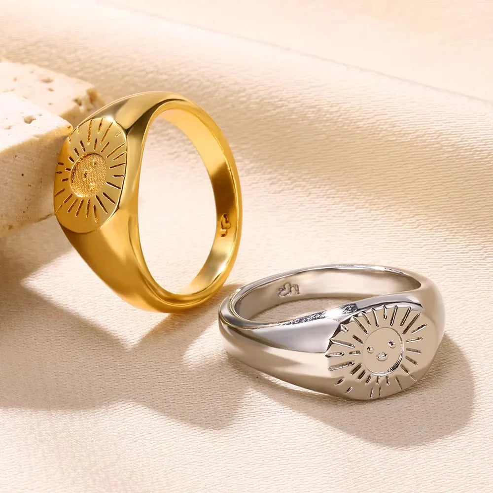 Stainless Steel Sun Smile Rings Gold Color Finger Rings For Women Classic Fashion Couple Christmas Jewelry Best Friend Gift