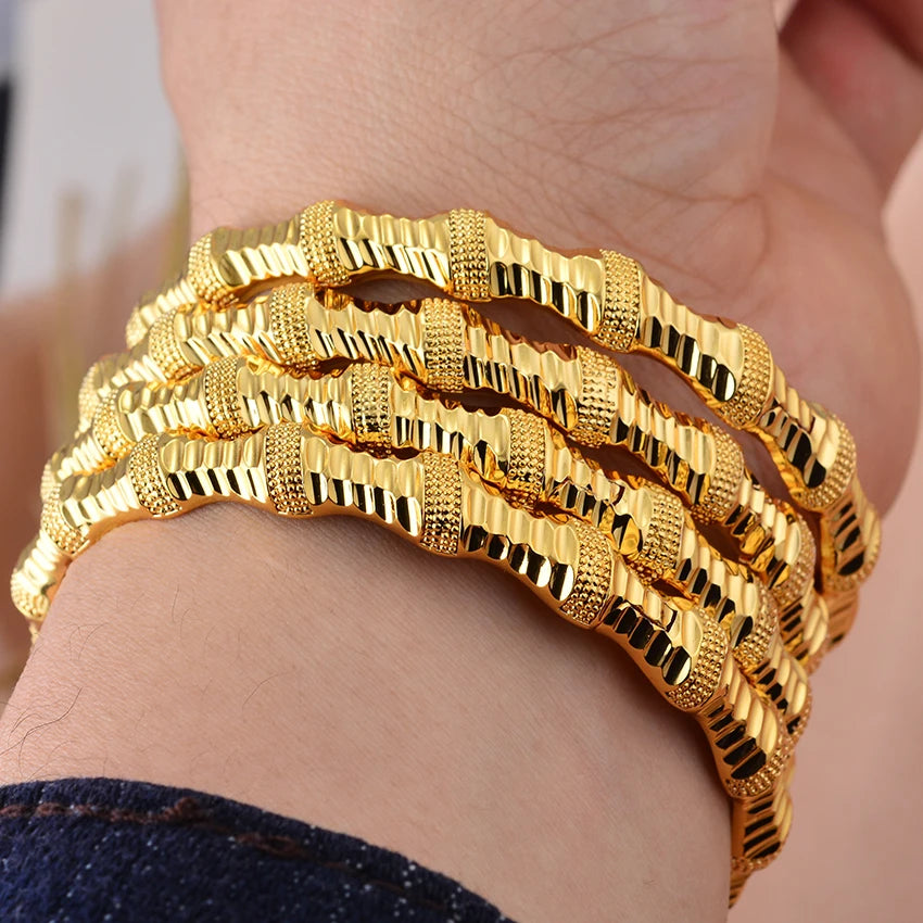 New 24K 4Pcs/lot Dubai Gold Color  Bangles  For Women Girls Bead Festival Good Luck Ethiopian Wedding Bangles Bracelet Jewelry