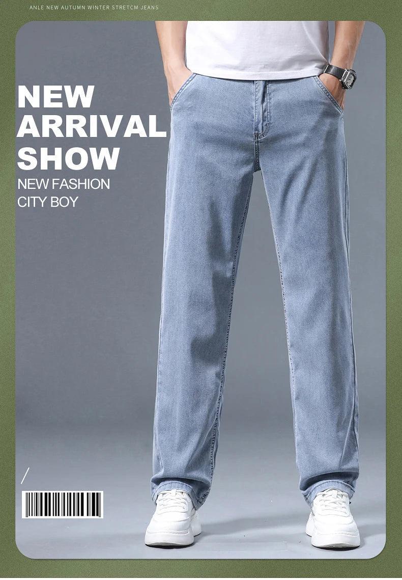 Summer Ultra-thin Men's Jeans Lyocell Soft Breathable Loose Straight Light Blue Denim Pants Business Casual Ice Silk Trousers