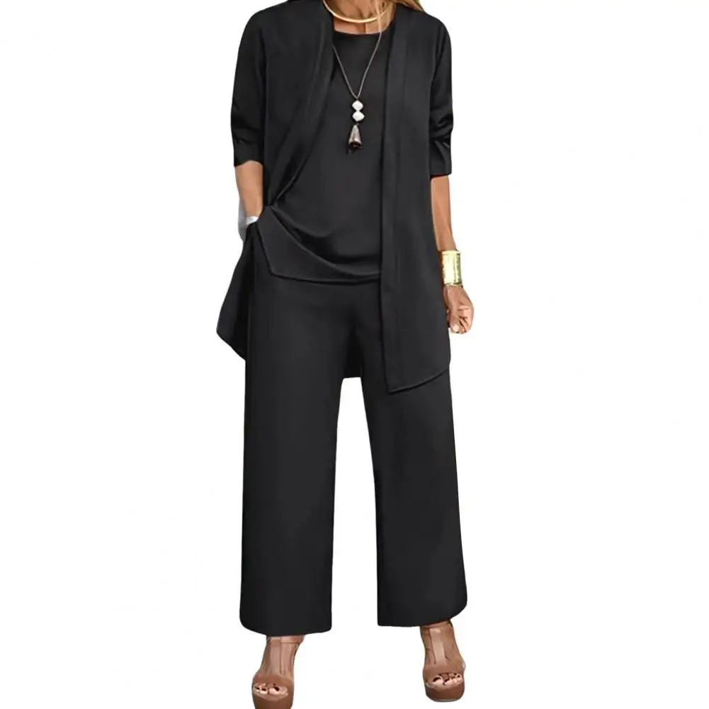 Women's 3-Piece Cardigan, Vest & Wide Leg Pants Set – Casual Loose Pantsuit
