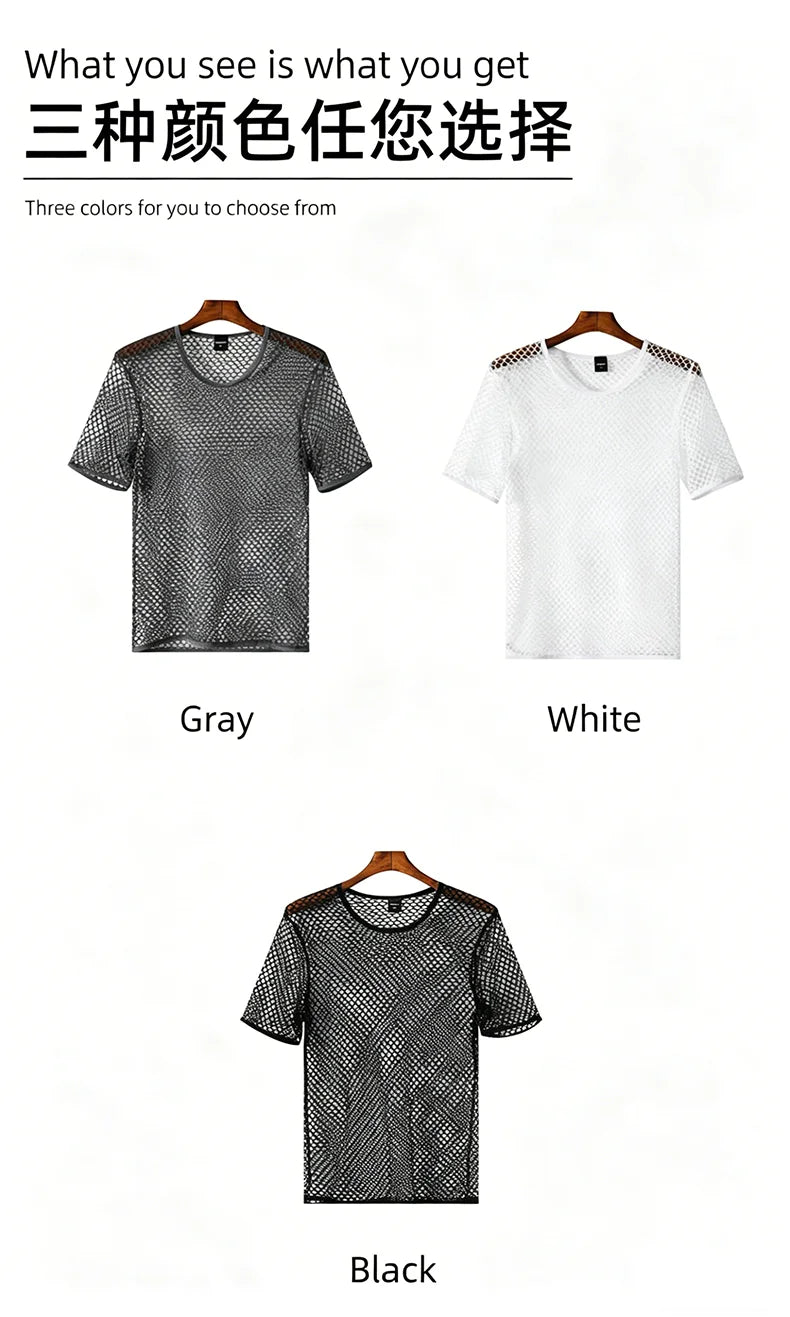 Mens Mesh See Through T Shirt Ice Cool Breathable Fishnet Hollow Out Short Sleeve