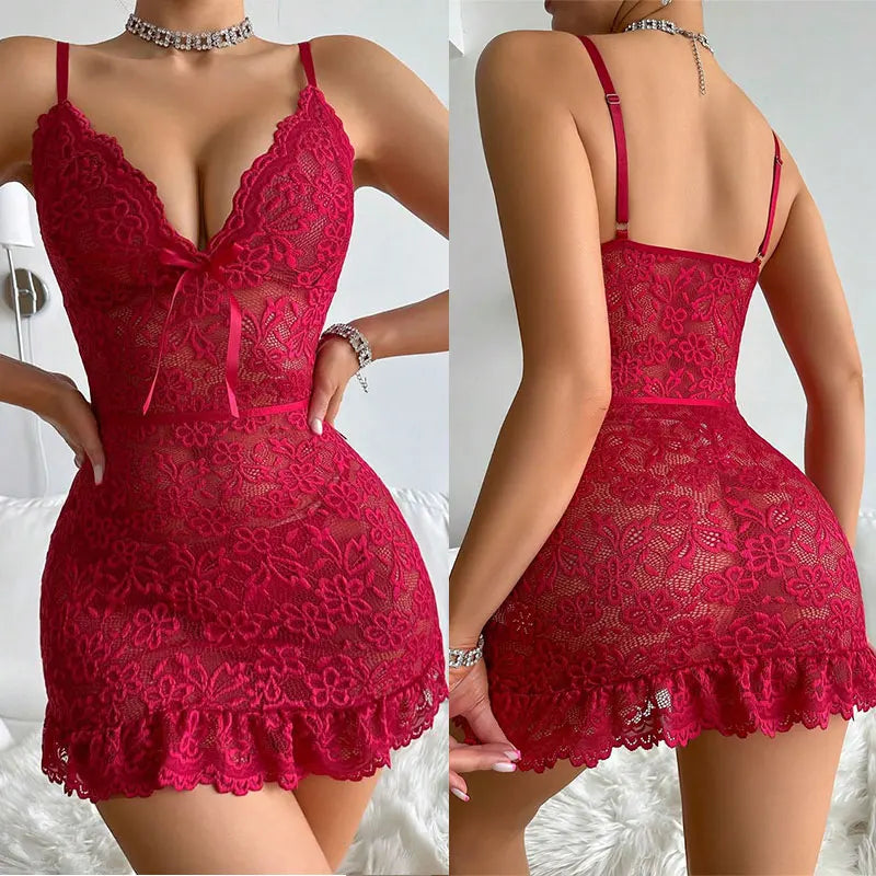 Floral Lace Mini Dress — Sleeveless Backless See-Through Spaghetti Strap | Club Party | Navy Red White Black | S–XL