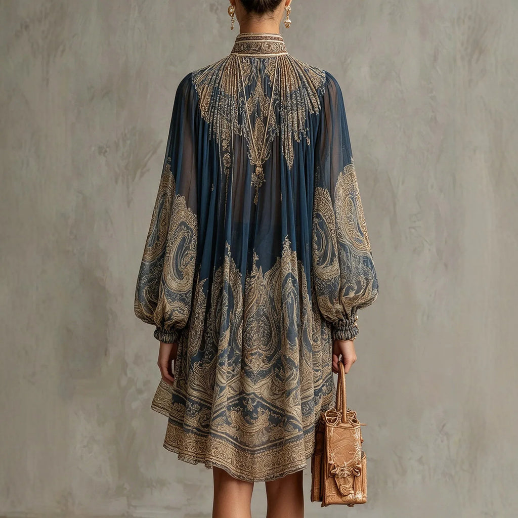 2026 hot  European and American turtleneck printed chiffon dress loose vacation style shawl long-sleeved women's dress