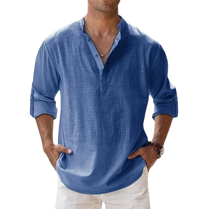 Animal Game Men's Cotton Linen Henley Beach Shirt — Lightweight Long Sleeve Casual Hawaiian Tee | All Season | 7 Colors | S–5XL
