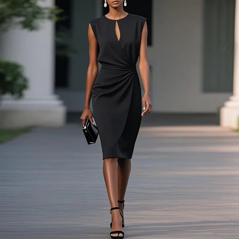 Summer Chic Sleeveless Pleated Women Dress Elegant Solid High Waist Party Vestidos Retro Hollow Out O Neck Spliced Commute Dress