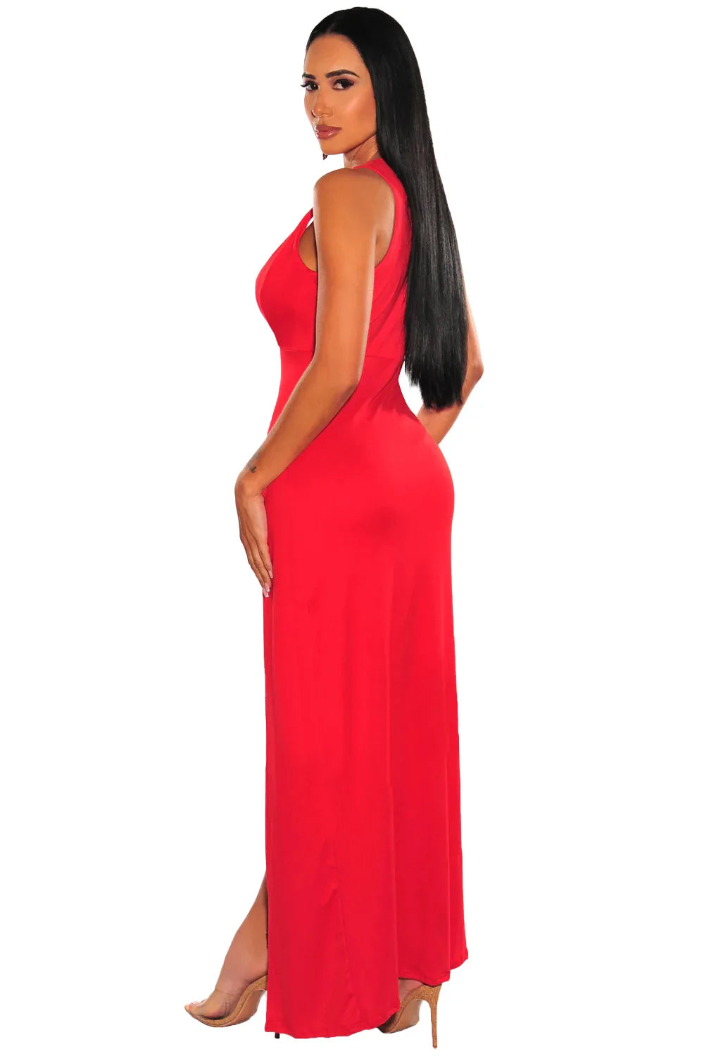 Sleeveless V-Neck Midi Dress – Slim-Fit A-Line Silhouette