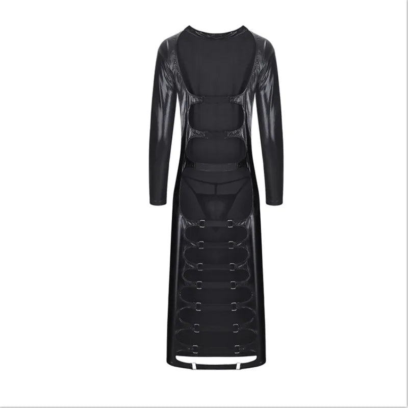 Sexy High Neck Long Sleeve Bodycon Long Pencil Dress Women Shiny PU Leather Back Hollow Out Fetish Wetlook Slim Fit Dresses