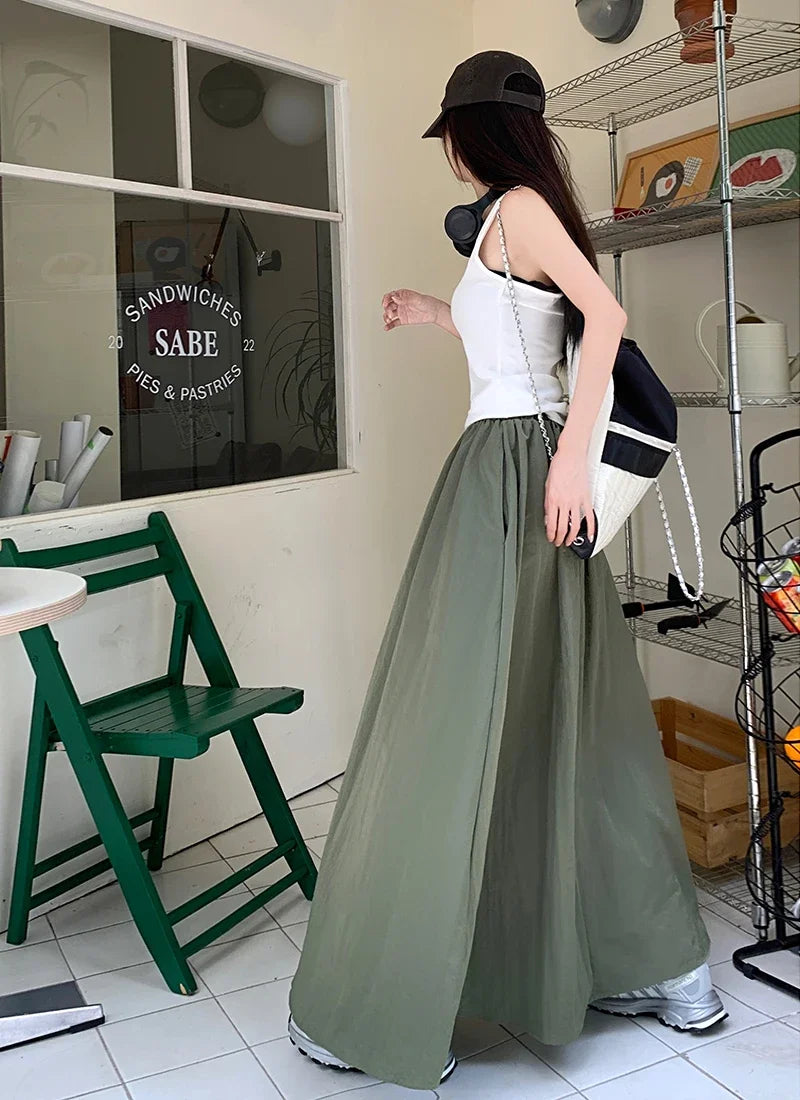 Chic Women Pockets A-Line Long Skirts Ladies Casual Loose Elastic High Waist Midi Skirt 2024 Spring Summer
