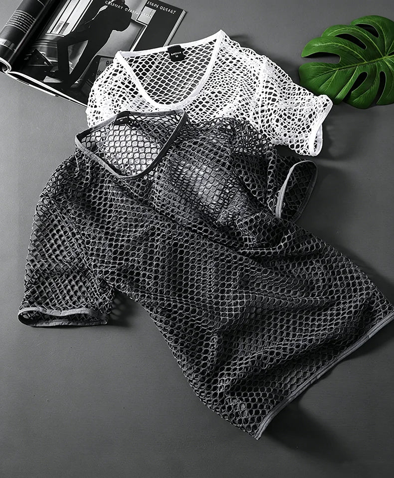 Mens Mesh See Through T Shirt Ice Cool Breathable Fishnet Hollow Out Short Sleeve
