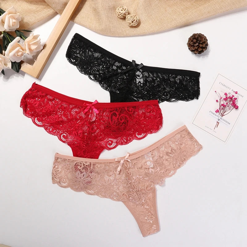 Women's Lace Thong Panties Brazilian Cut Low Waist Sexy See Through Lingerie Hollow Out Comfortable Elastic Underwear