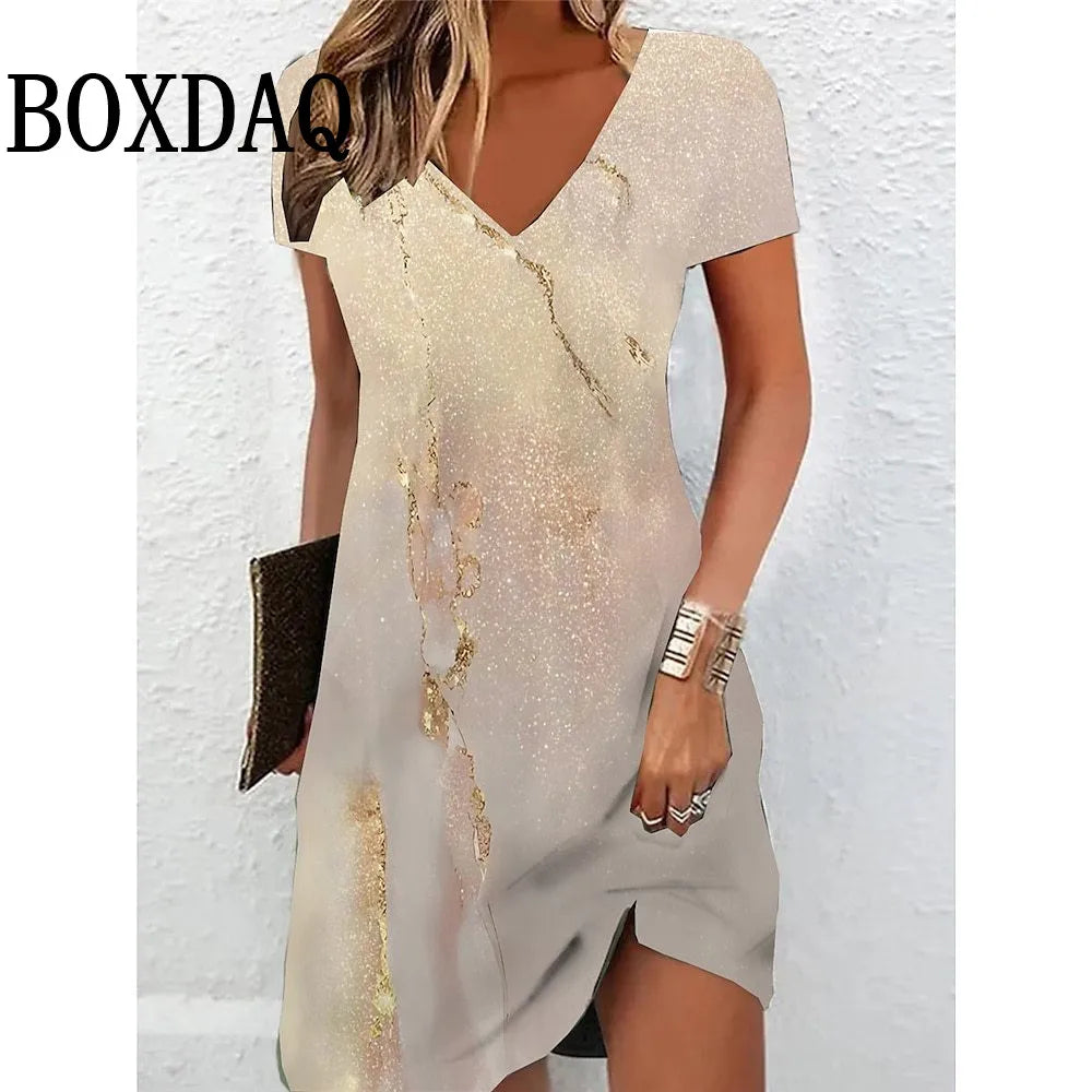 BOXDAQ V-Neck 3D Printed Tie Dye Midi Dress — Loose A-Line Casual | Summer Fashion | S–XXXL