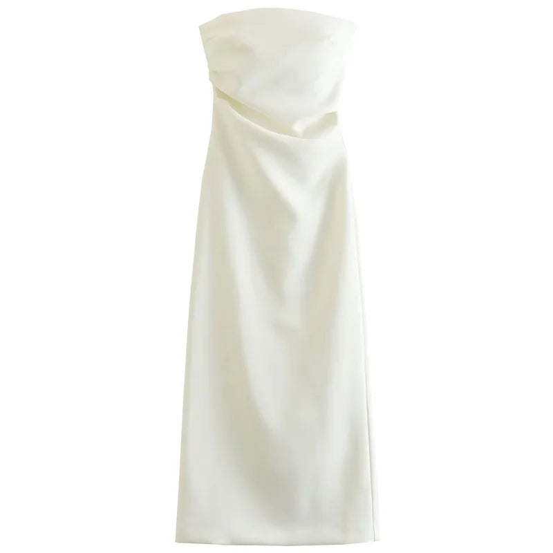 HXAO Strapless Ruffle Midi Dress — Off-Shoulder Backless Sheath | Prom Party Summer | Black White Beige | XS–L