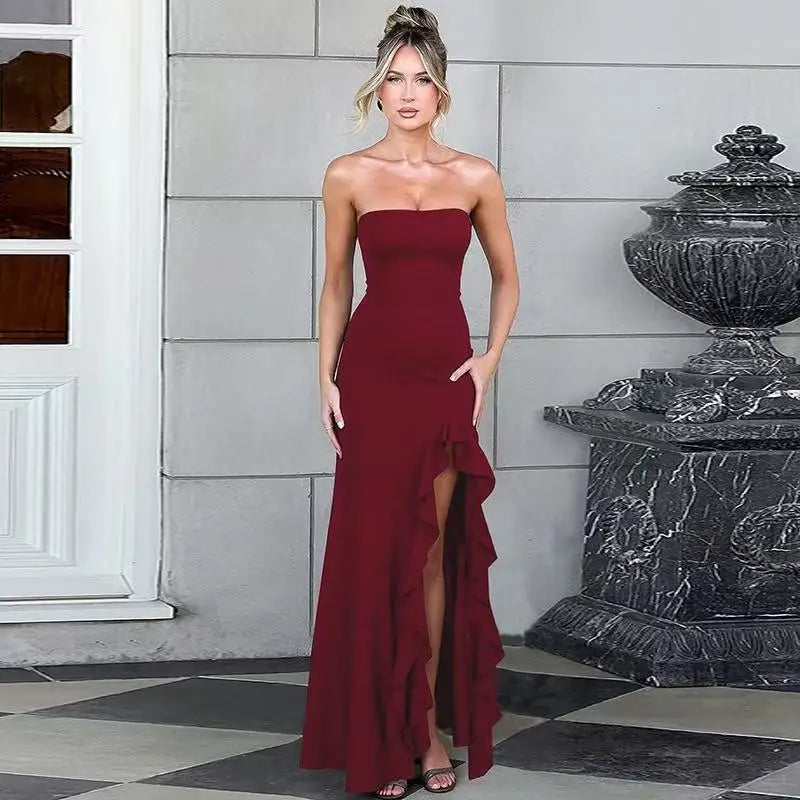 Wine Strapless Ruffle-Slit Maxi Dress — Sleeveless Evening Gown