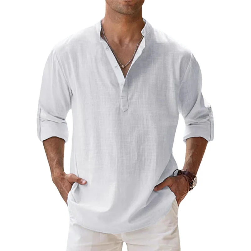 Animal Game Men's Cotton Linen Henley Beach Shirt — Lightweight Long Sleeve Casual Hawaiian Tee | All Season | 7 Colors | S–5XL