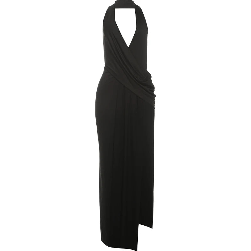 Halter Deep V Ruched High-Split Maxi Dress