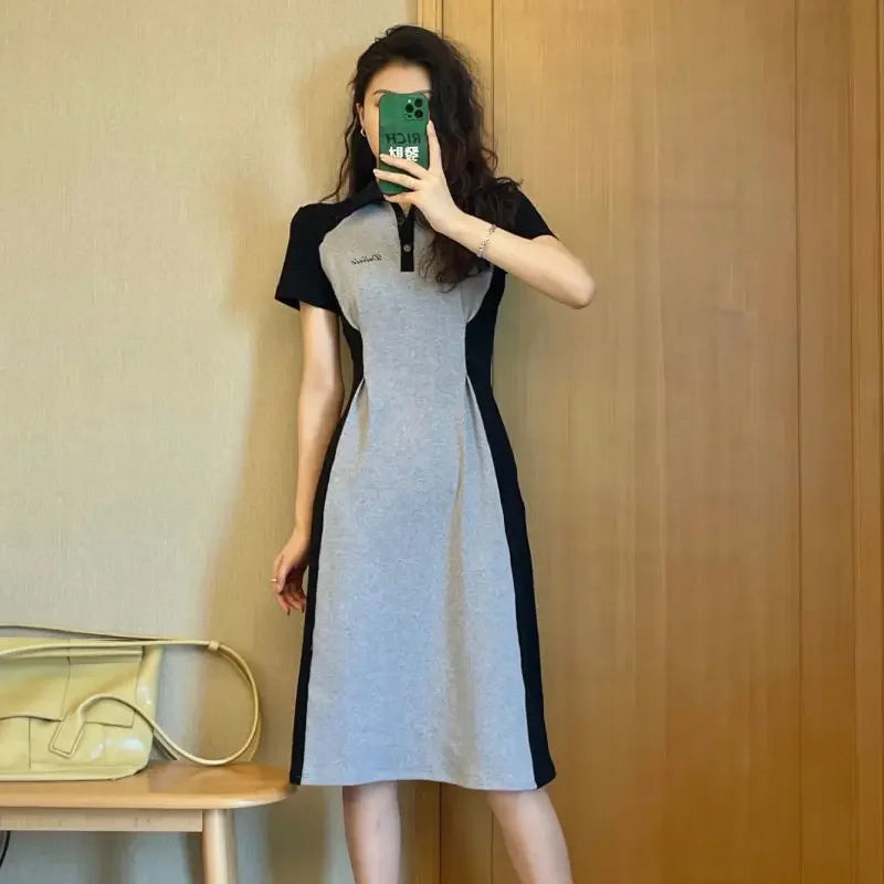 Shangkaka Striped Polo Midi Dress — Button-Down Cotton Blend Slim Fit | Y2K Office Lady Style | S–XL