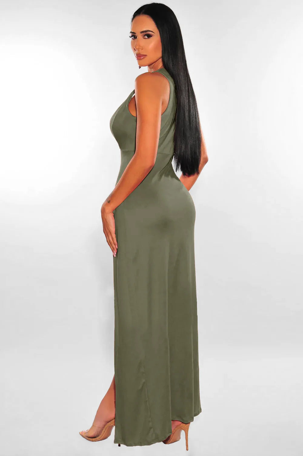 Sleeveless V-Neck Midi Dress – Slim-Fit A-Line Silhouette