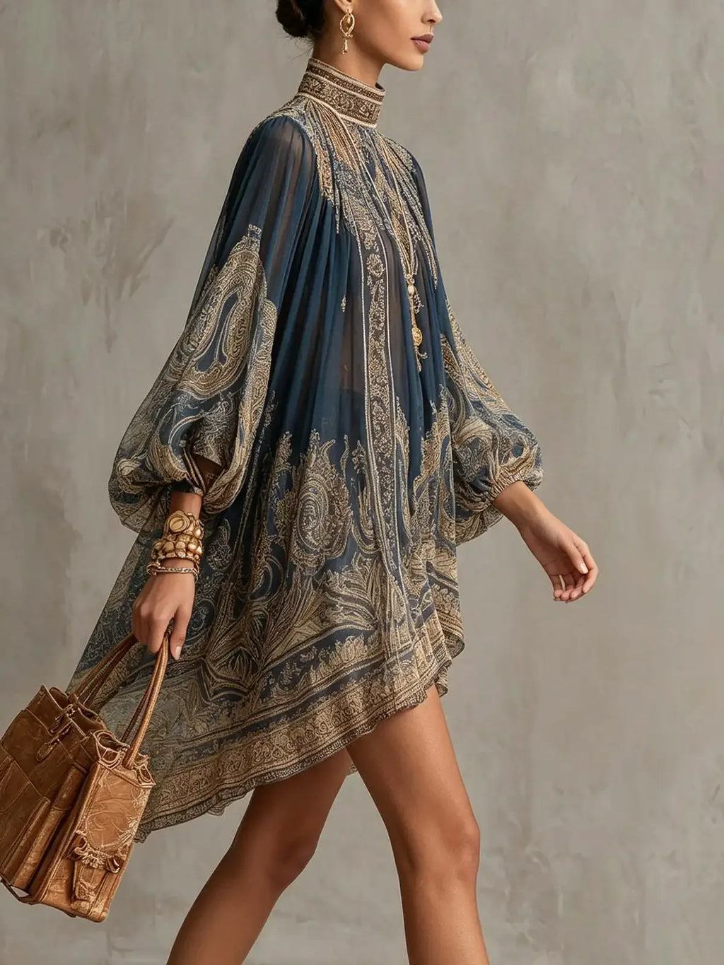 2026 hot  European and American turtleneck printed chiffon dress loose vacation style shawl long-sleeved women's dress
