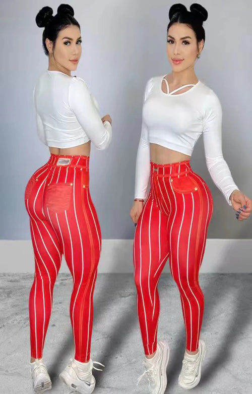 BLILUEC High Waist Stripe Print Yoga Leggings — Stretch Push-Up Gym Fitness Pants | 5 Colors | S–XXL