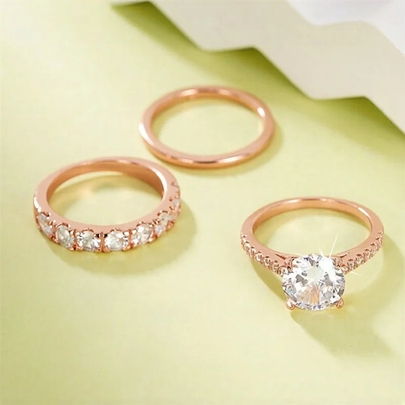 3-Piece CZ Bridal Ring Set — Stacking Engagement & Wedding Bands in Gold, White Gold or Rose Gold Tone | Sizes 5–14