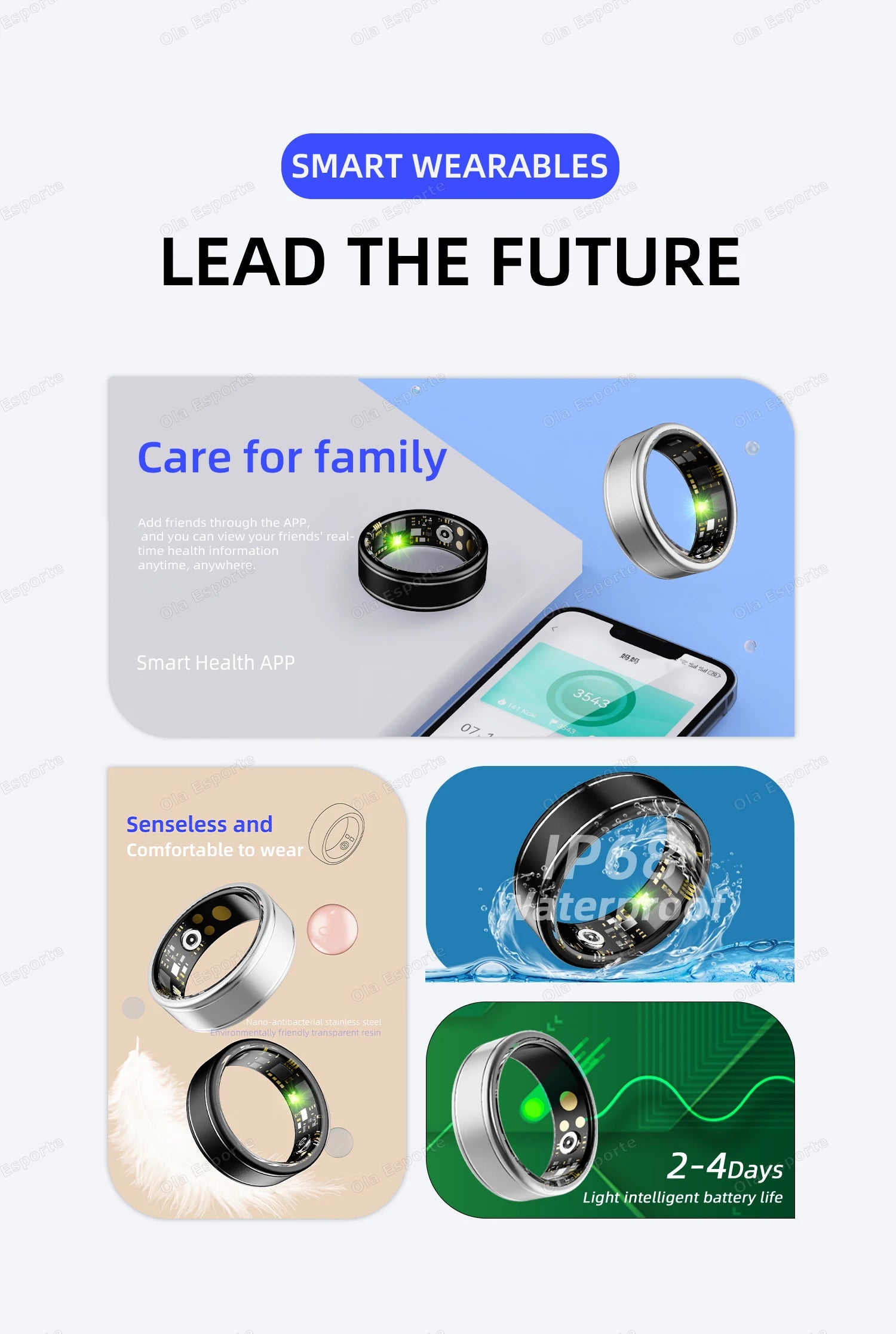 New Blood Pressure Sleep Health Monitor Smart Ring Sport Remote Camera smartring IP68 Waterproof Care for family Rings Men Women