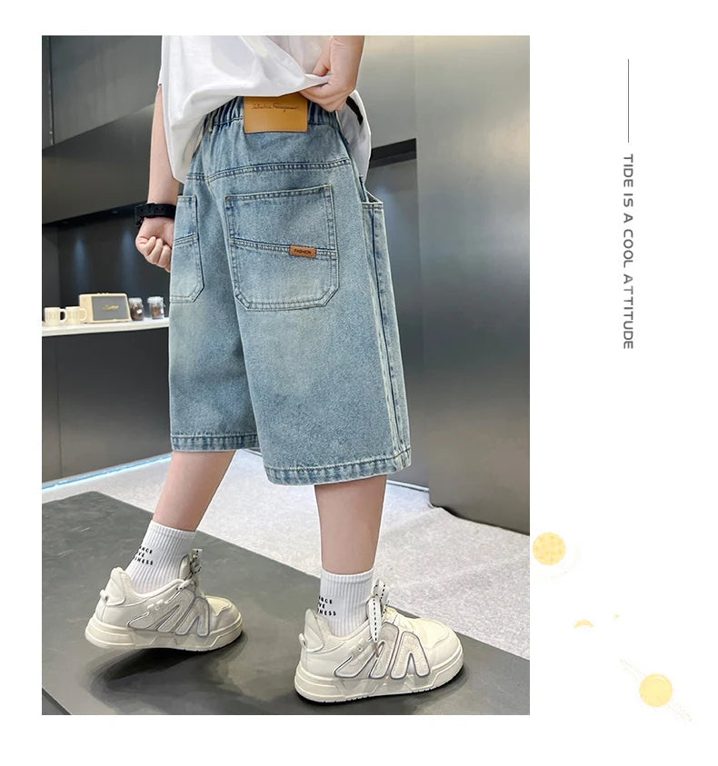 Boys Denim Shorts Teen Boys Casual Knee-Length Jeans Teenage Child Blue Denim With Y2K Fashion Style Trousers Toddler Ages 4-14Y