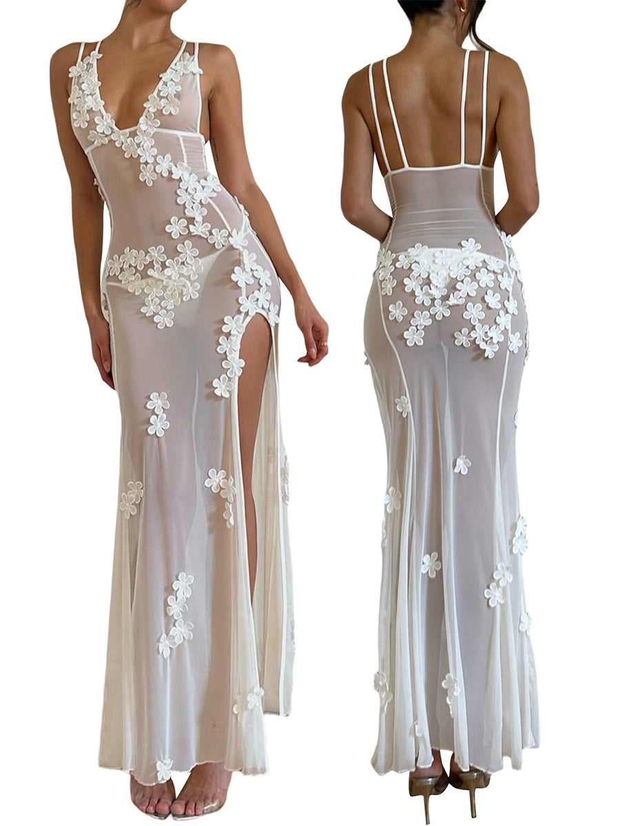 Sexy Sheer Mesh Sleeveless Dress Summer V Neck Flower Slit Party Dress for Cocktail Beach Club Streetwear Women Fashion Clothing