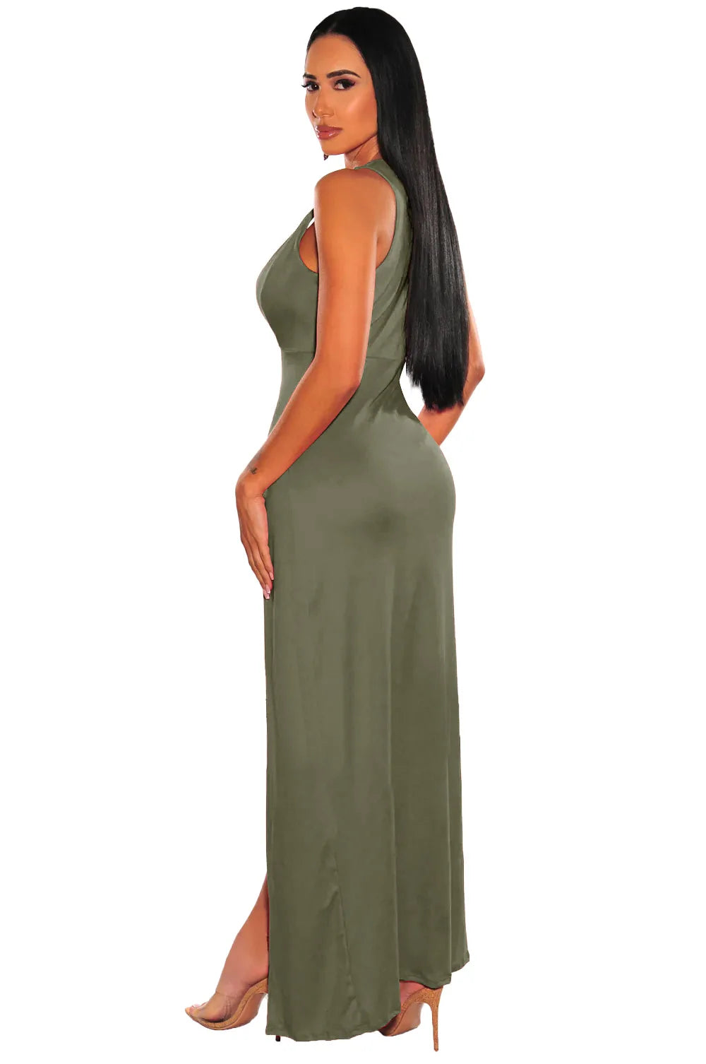 Sleeveless V-Neck Midi Dress – Slim-Fit A-Line Silhouette
