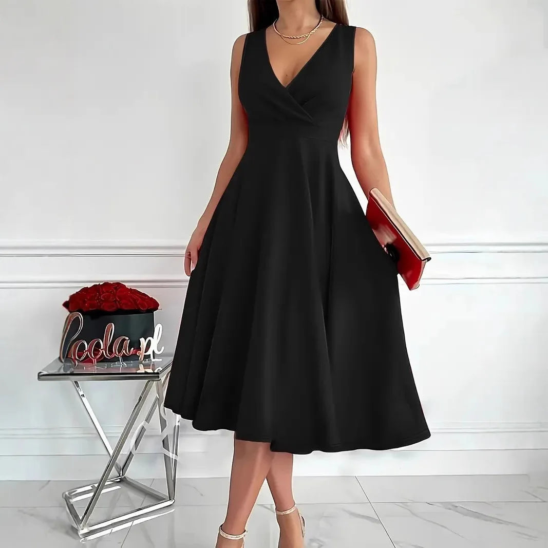 Summer Women's Dress V-neck Sleeveless Elegant Red Fashion Party Black Professional Temperament Evening Midi Skirt