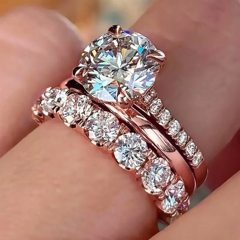 3-Piece CZ Bridal Ring Set — Stacking Engagement & Wedding Bands in Gold, White Gold or Rose Gold Tone | Sizes 5–14