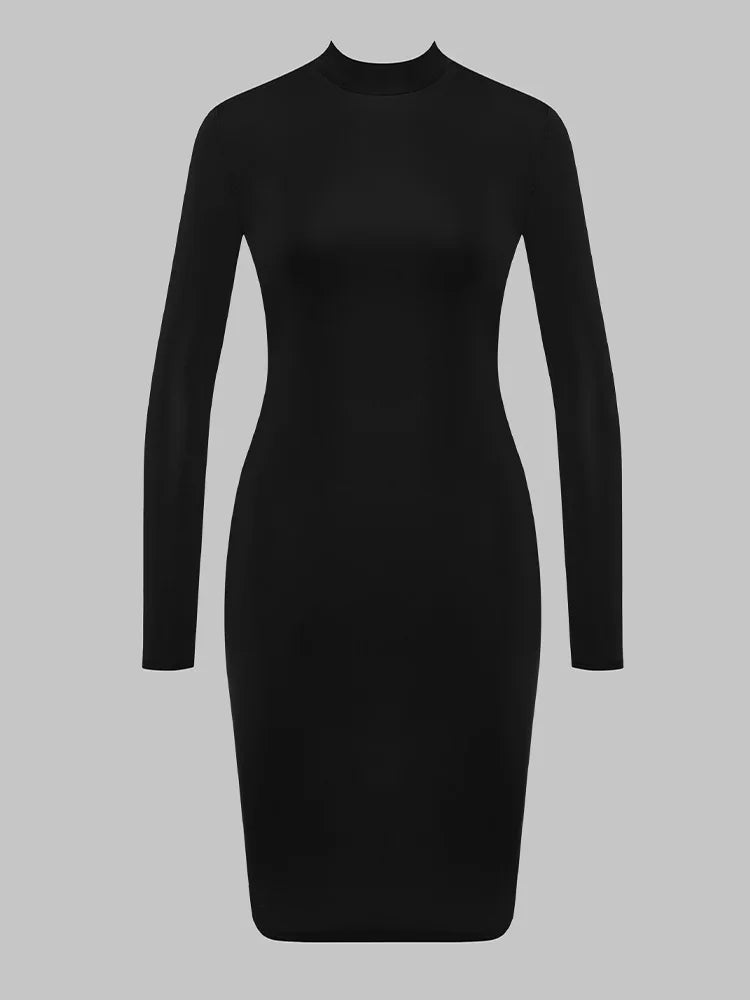 Summer Slim Fit Midi Dress Women Sexy Sheer Mesh Insert Long Sleeve High Neck Black Bodycon Party Dress