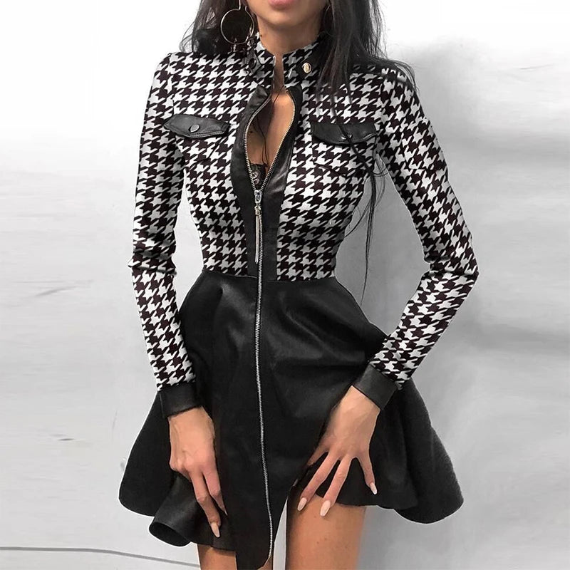 Lace Patchwork Stand Neck Mini Dress — Long Sleeve Zipper Slim Sheath | Party Club | 4 Styles | S–5XL