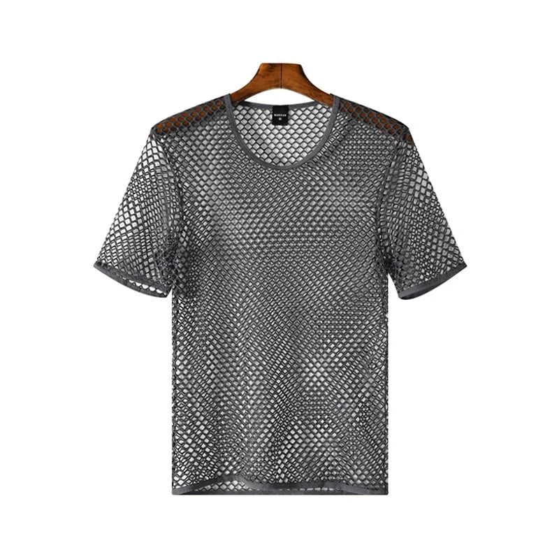 Men's Fishnet Mesh See-Through T-Shirt — Ice Cool Breathable Hollow Out Short Sleeve | Club Beach Gym | S–XXXL