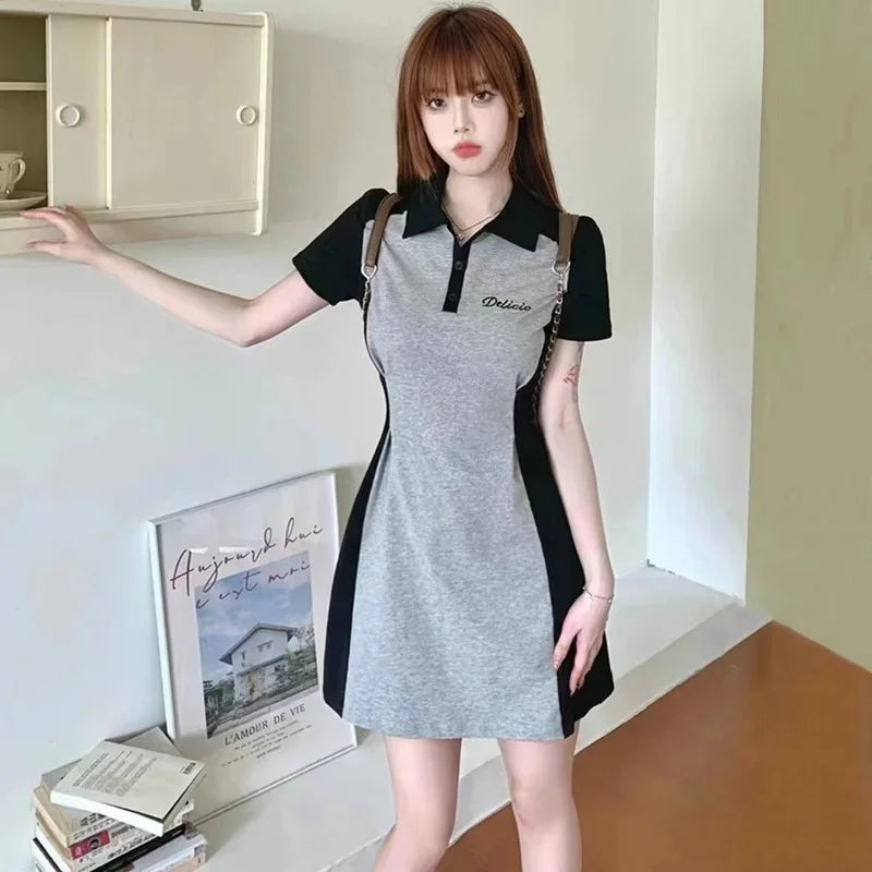 Midi Female Dresses 2025 Splicing Grey Clothing Women's Dress Short Mini Trendy Cheap Casual Offer Elegant Hot Cotton Sale Y2k