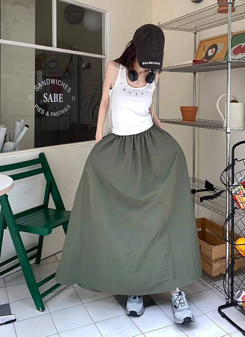 Chic Women Pockets A-Line Long Skirts Ladies Casual Loose Elastic High Waist Midi Skirt 2024 Spring Summer