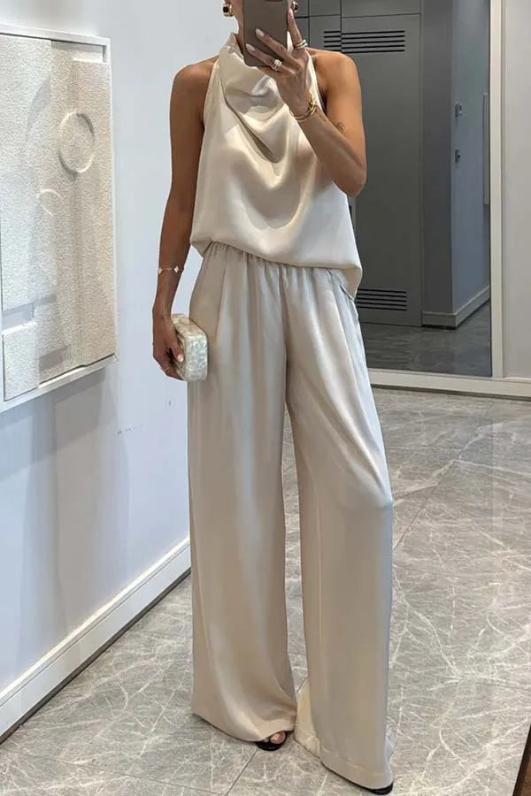 Women's Sleeveless Satin Top & Straight Pants 2-Piece Set – Chic Commuter Suit