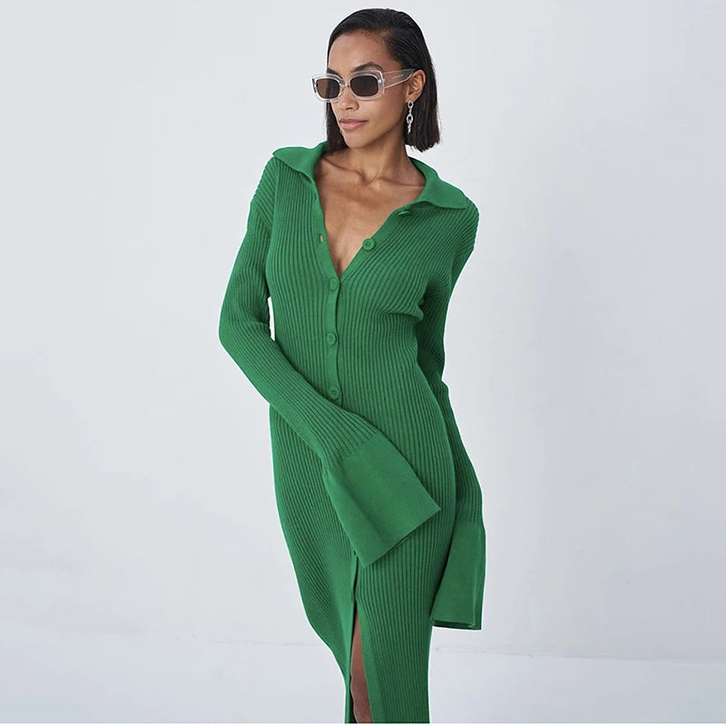 Flare Sleeve Knitted Dress Women Y2K Autumn Winter Sexy Slim Green Midi Dress American Single Breasted Streetwear Club Vestidos