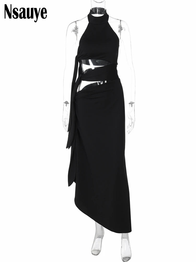 Nsauye Hollow Out Sexy Women Maxi Dress Black Sleeveless High Split Female Summer Autumn Skinny Elegant Long Dresses Party Club