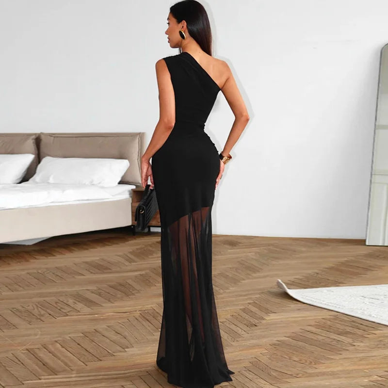 Off-Shoulder Sheer Backless Floor-Length Dress
