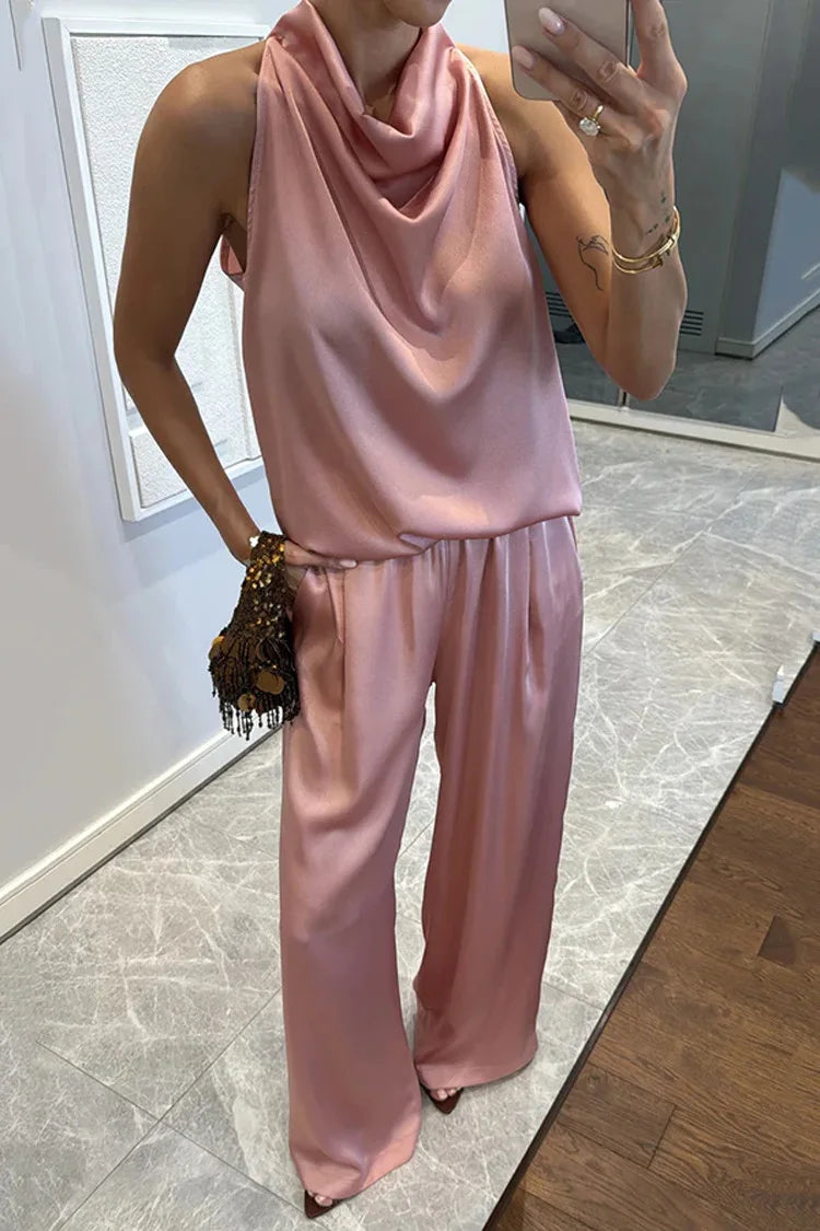 Women's Sleeveless Satin Top & Straight Pants 2-Piece Set – Chic Commuter Suit