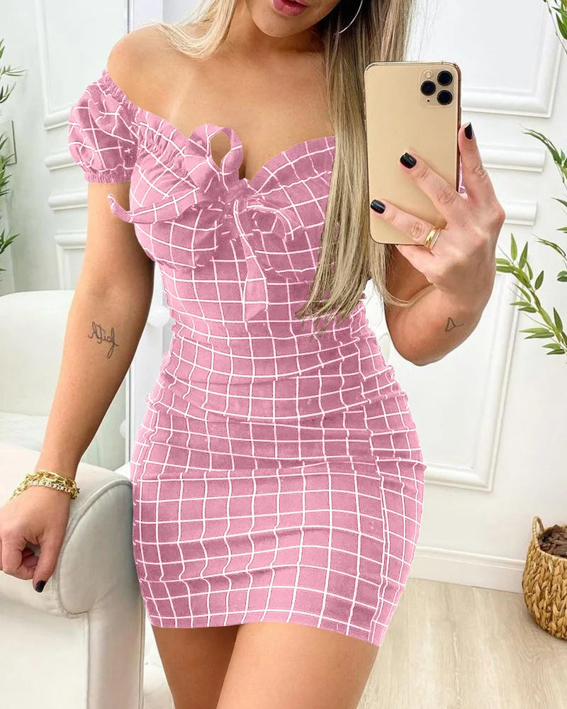 Summer dress short skirt of cross border grid print dress
