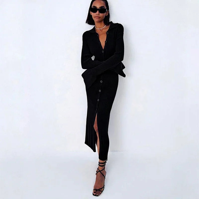 GIDYQ Flare Sleeve Knit Midi Dress — Y2K V-Neck Slim A-Line Single Breasted | Club Streetwear | 6 Colors | S–L