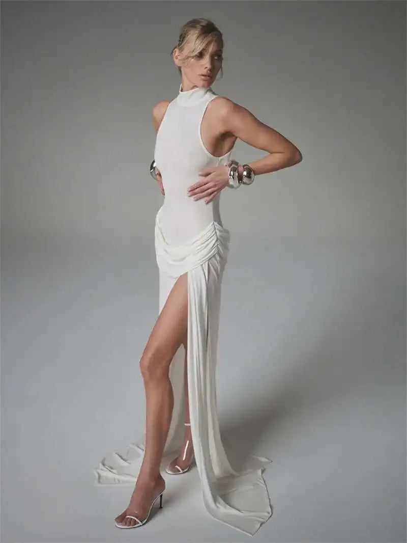 Turtleneck Off-Shoulder Thigh-Split Maxi Dress
